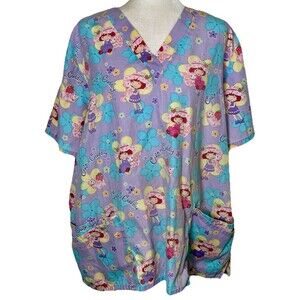 Strawberry Shortcake Purple Scrub Top Size 2XL Dental Nurse Medical Uniform